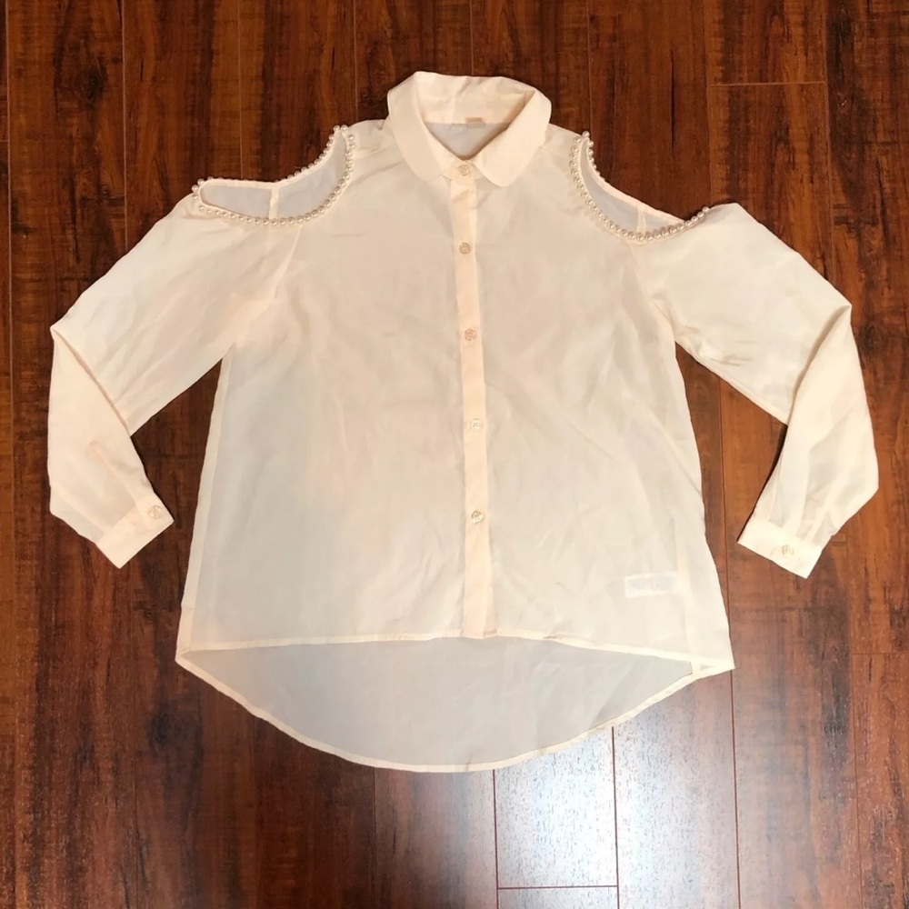 Romantic Sheer HiLo Pearl Accent Cold Bare Shoulder Cream Dressy Shirt Top sz S - Picture 4 of 9